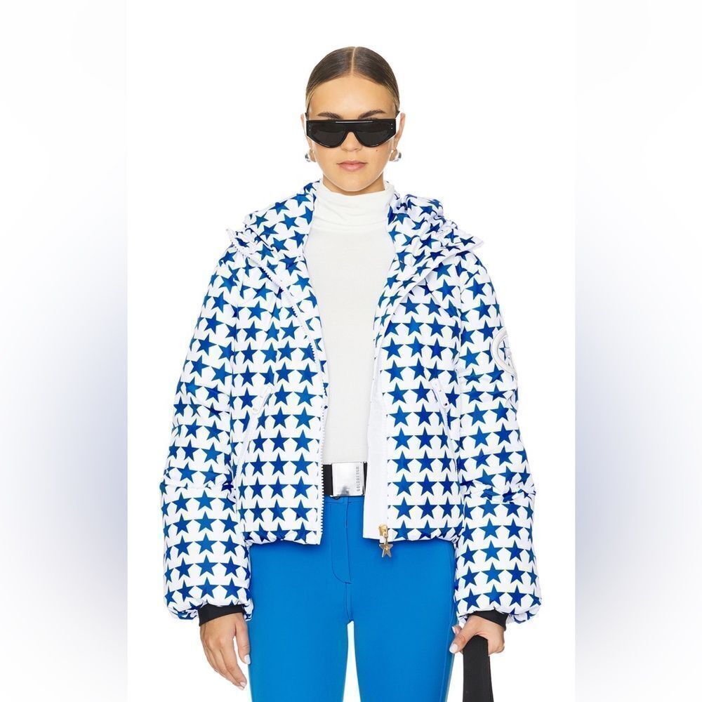 Goldbergh Olympe Goose Down Puffer Ski Jacket NWT US 12 Large White Blue Stars - Picture 2 of 10